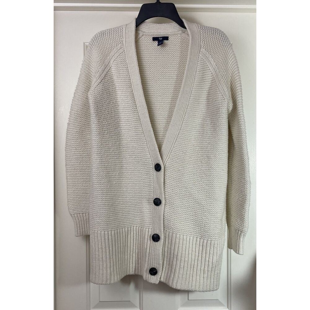 Gap Sweater Womens Small Cream Wool Blend Open Front Long Cardigan Rib Knit - Picture 3 of 11